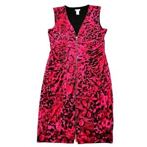 Cache Hot Pink Animal Print Stretch Bodycon Dress Zip Front Ruched Sleeveless XL